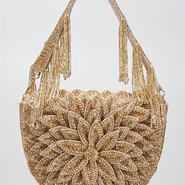 Crystal Embroidered Handbag - Gold